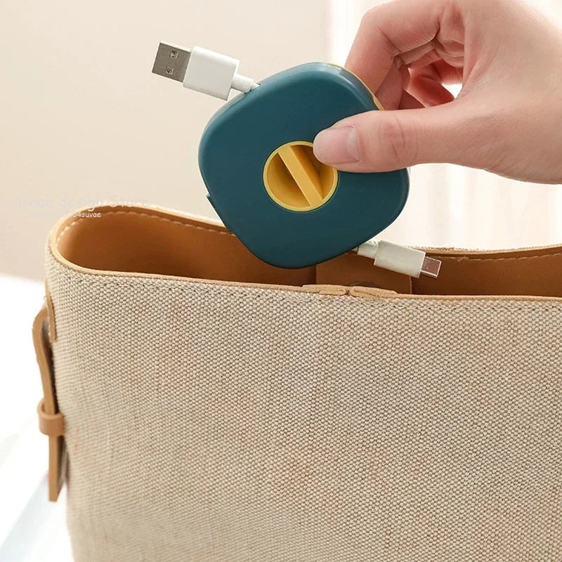 Sleek Cord Cable Winder Organizer with Phone Stand Rotate to Retract Tangle-Free Charging Cable Case Earphones USB Wires Organization